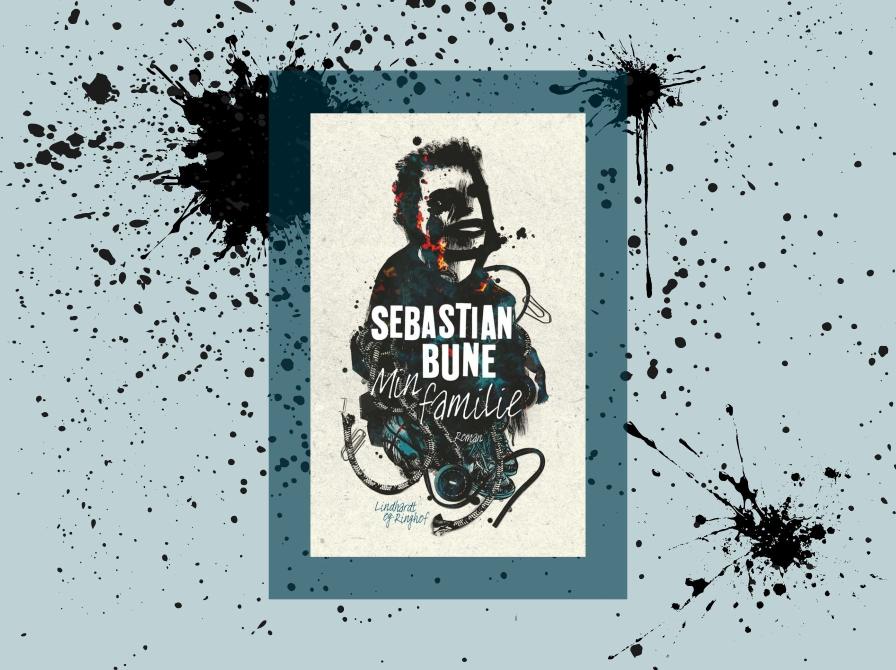 Bogcoveret "Min familie" af Sebastian Bune på grafisk baggrund med blækstænk.